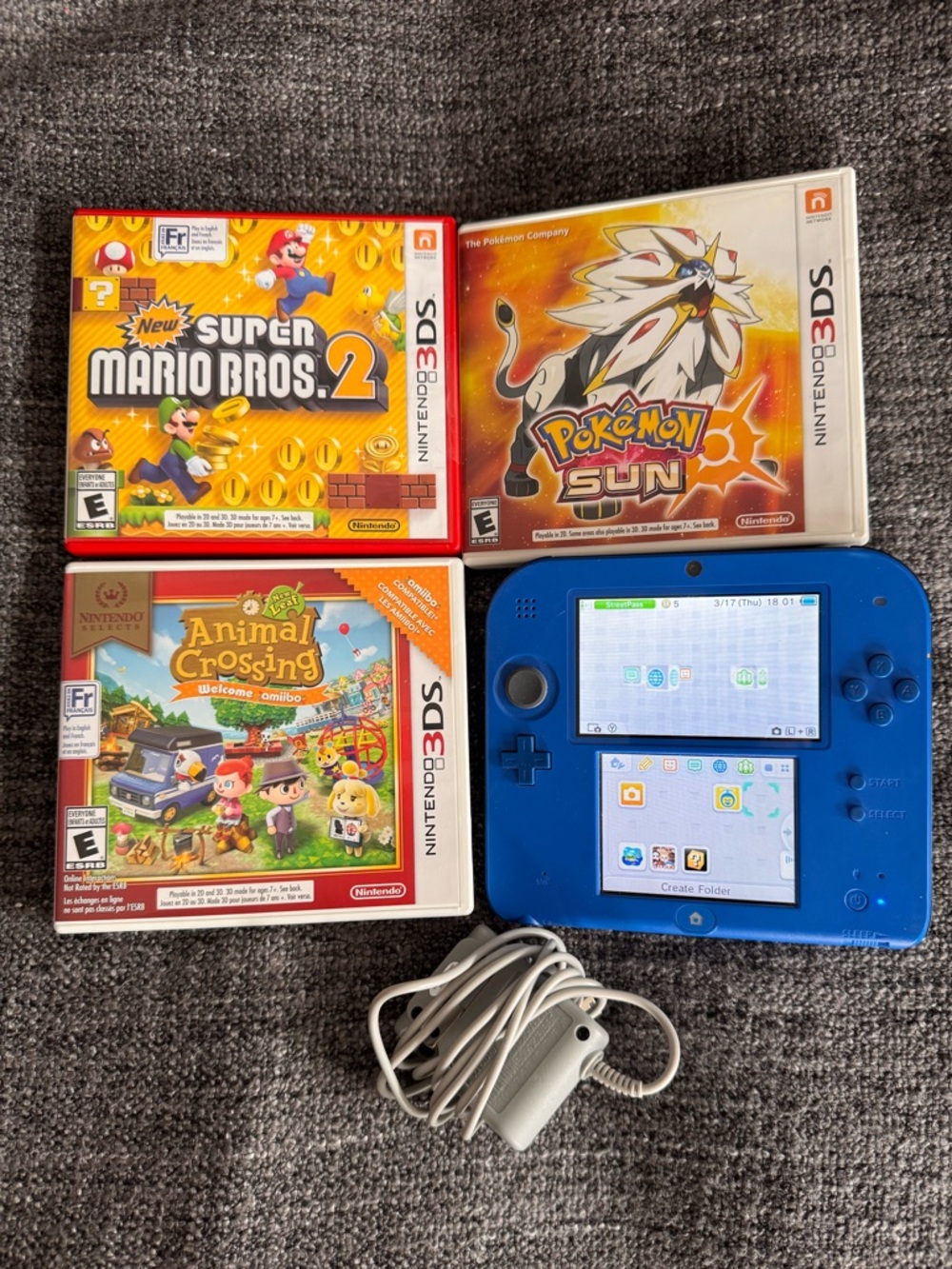 Nintendo 2DS Handheld Console Black and Blue‎ with 3 Games Bundle Pokemon Mario